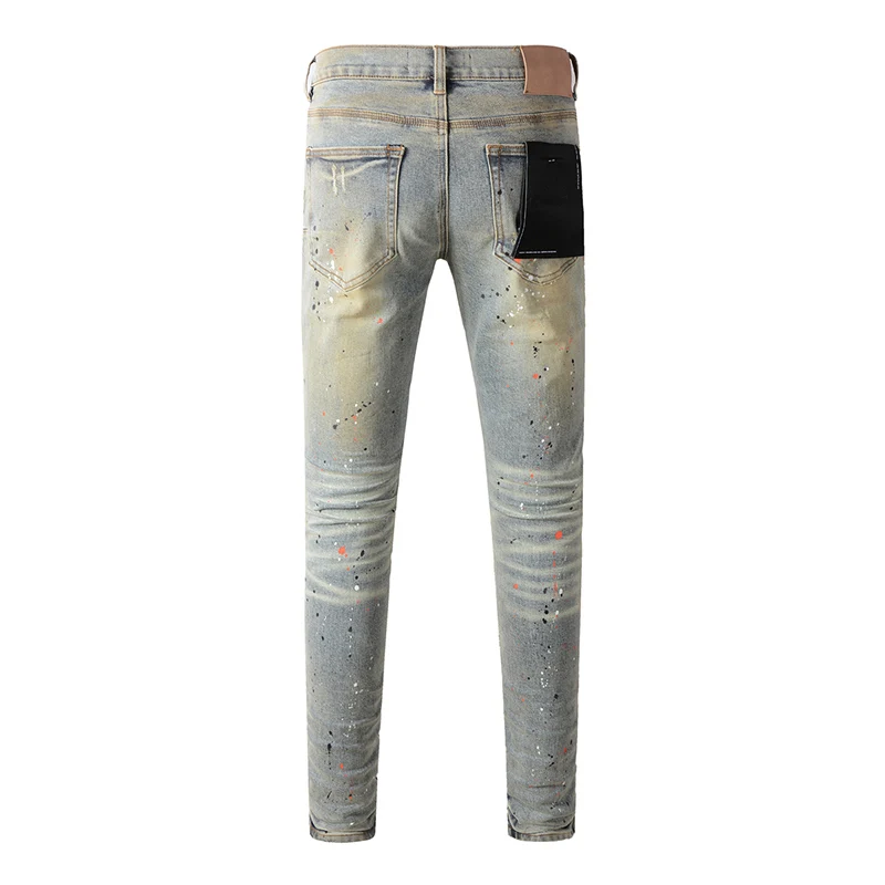 Men's American Streetwear Dirty Blue Stretch Skinny Button Fly Scratched Ripped Holes Patchwork Painted Jeans Pants