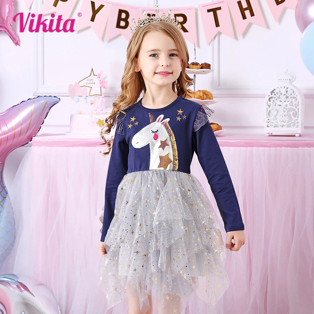 VIKITA Kids Autumn Spring Dress Girls Unicorn Star Appliqued Flare Sleeve Dress Kids Irregular Layered Birthday Party Dresses