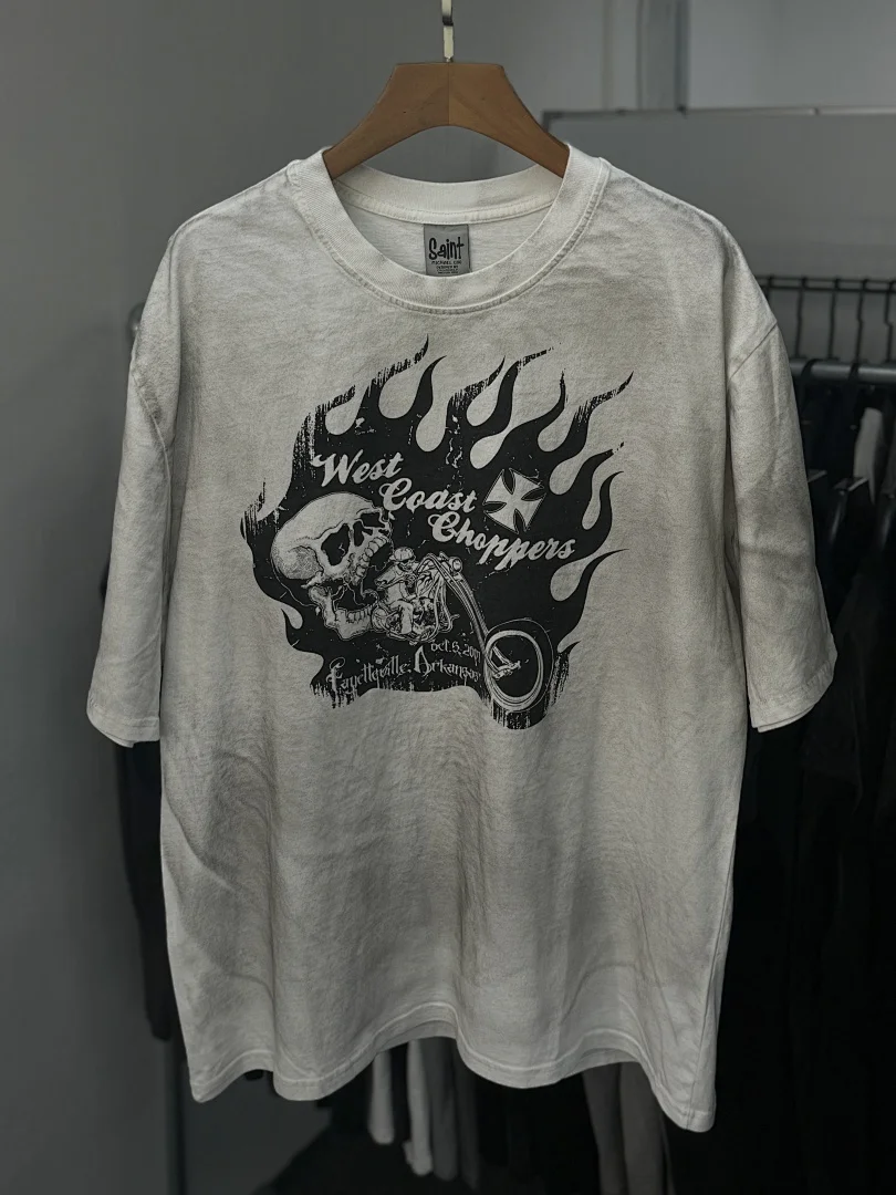26ss WEST COAST Skeleton Riding Printed Women Men T shirts tees Hiphop Oversized Washed Men Casual Cotton T shirt
