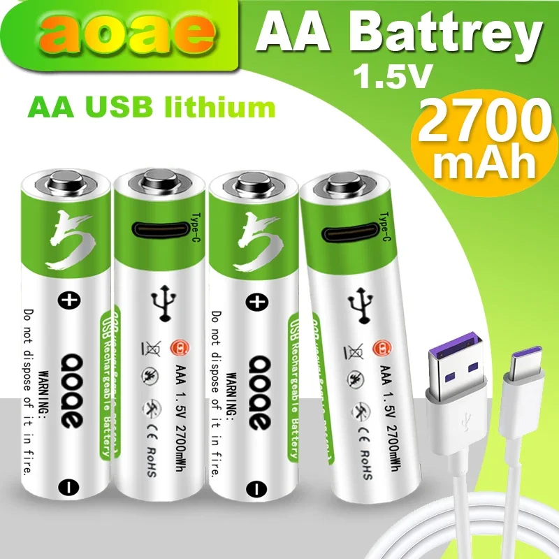 1.5V 2700mAh Li-Ion Rechargeable Battery AA Lithium Batteries 1200 Times Cycle Type C AA Battery for Toy Watch Player Keyboard