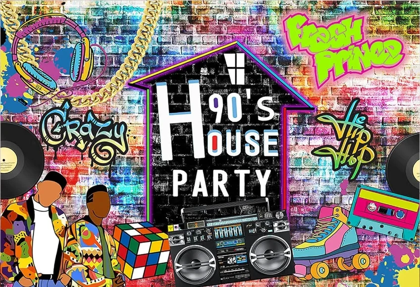 90's House Party Backdrop Hip Pop Graffiti Wall Retro Radio Roller Skates Prince 90 Theme photo background photography backdrop