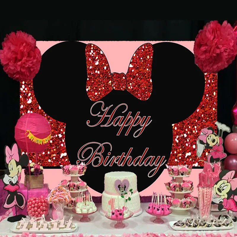 Disney Minnie Mouse Backdrop Party Supplies Red Glitter Photography Backdrop Newborn Birthday Background Girls Boys Decoration