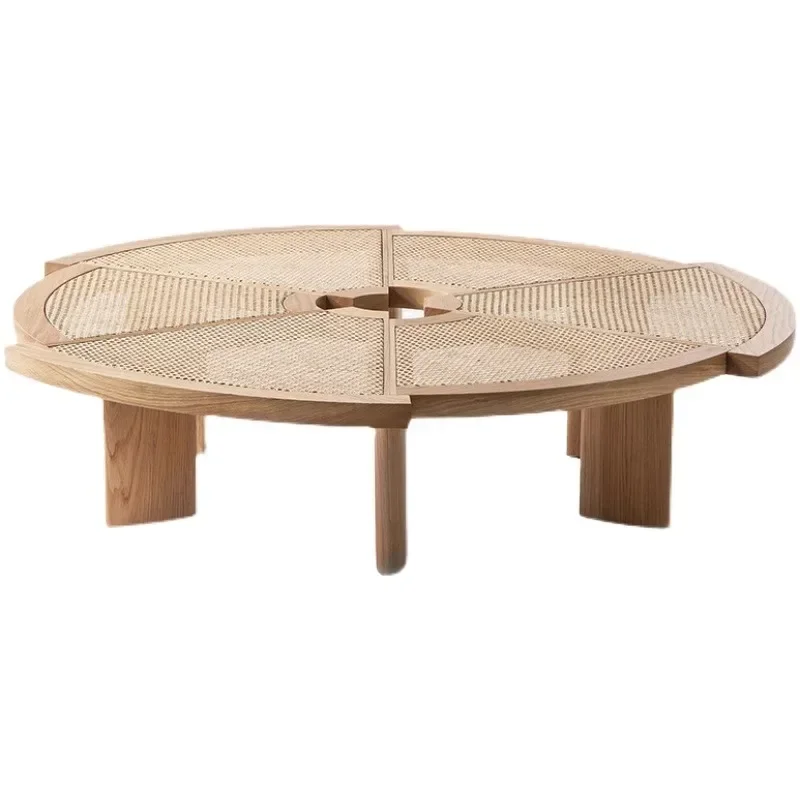 Log rattan coffee table household small apartment round solid wood gear special-shaped tea table low table wabi sandy wind