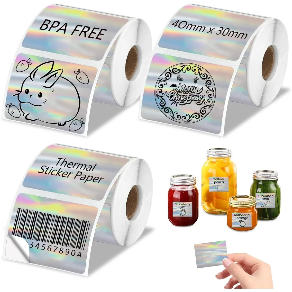 Holographic Thermal Labels 40x30mm Square Slim Sticker for Phomemo M110/M220/M120/M221, SUPVAN T50M PR0 Label Maker Printer