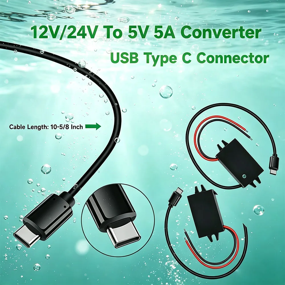 DC 12V/24V To 5V USB Buck Converter 5A Type-C Output Charging Module Waterproof Buck Power Adapter Compatible With Mobile Phone