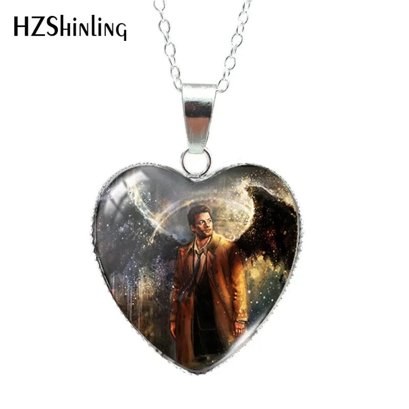 Supernatural TV Paintings Heart Shaped Glass Cabochon Pendants Handmade Necklace Jewelry