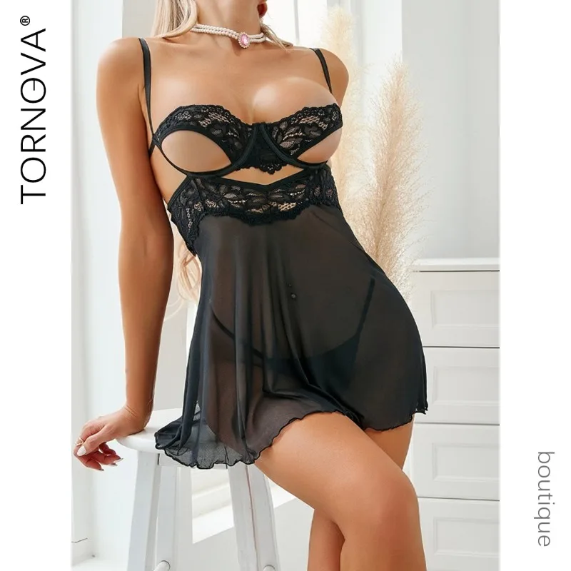 

Sexy Lingerie Pajamas Suit for Women Hollow Suspender Nightgown Two-piece Thong Thin Perspective Solid Color Mesh Nightgown Suit