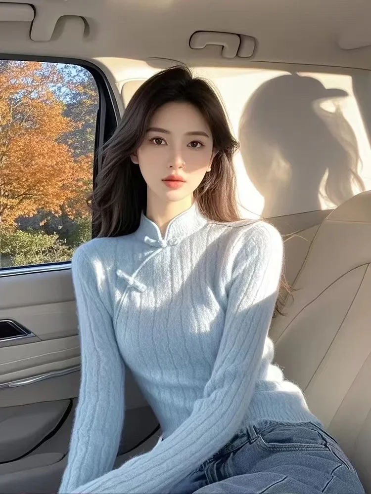 

Blue Knitted Sweater Women's Autumn Winter Stand Collar Inner irt Spring New Chinese Sle Long Sve Button up Top