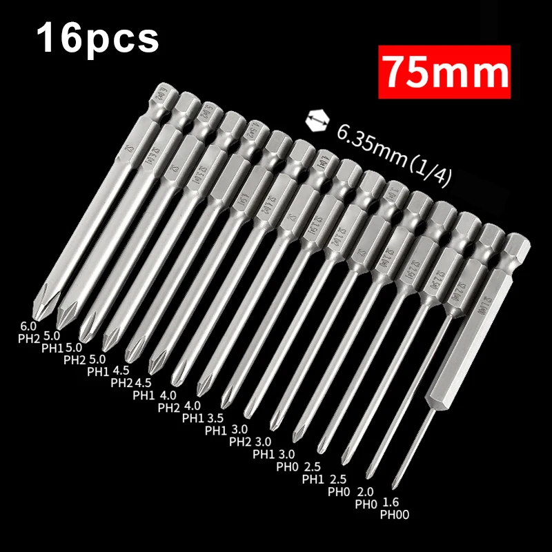 16pcs/set 75mm Long S2 Steel 1/4' Hex Shank Electric Phillips Screwdriver bit Magnetic Cross-headed PH00 PH0 PH1 PH2 Hand Tools