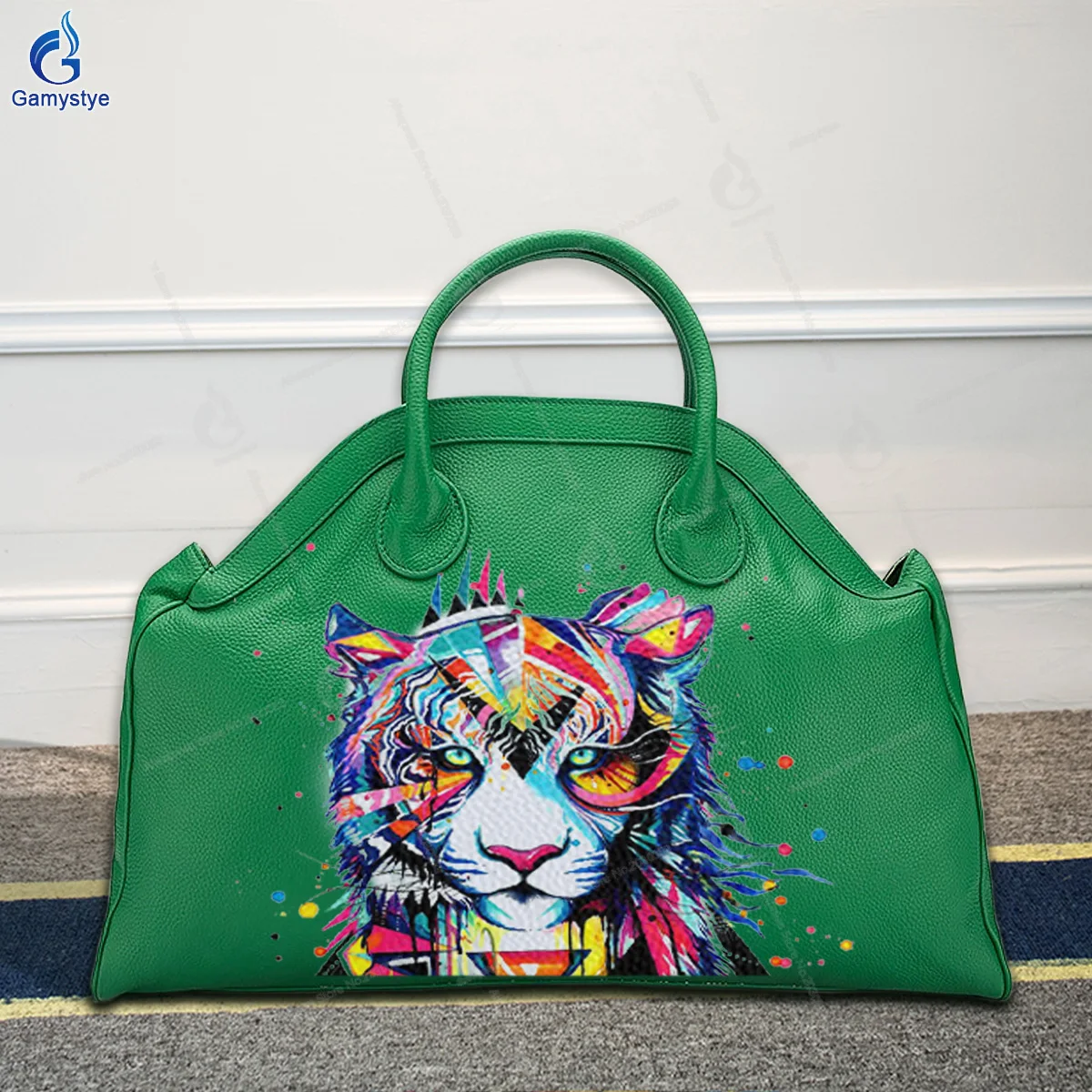 Printed Customize Art Colorful Tiger Bags Lady Tote Bag Woman Sac A Mains Luxury Boston Bag Genuine Togo Leather High Quality