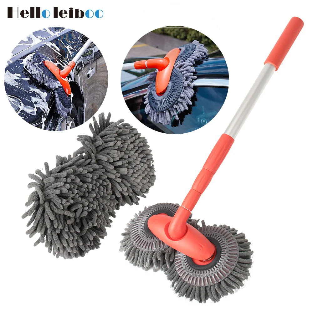 Rotating Double Brush Head Car Wash Mop Auto Supplies Three-Section Telescopic Mop Roof Window Cleaning Maintenance Accessories