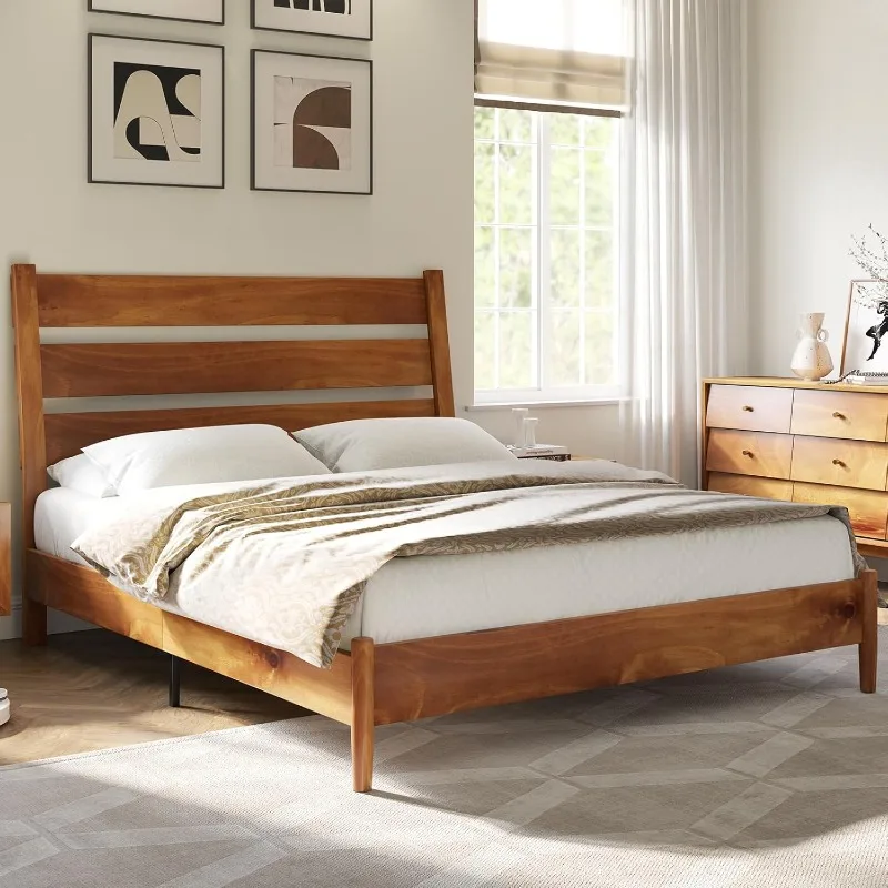 Full Size Solid Wood Bed Frame Mid Century Platform Bed with Reclining Slatte Headboard Wood Slat Support Noise Free Light Brown