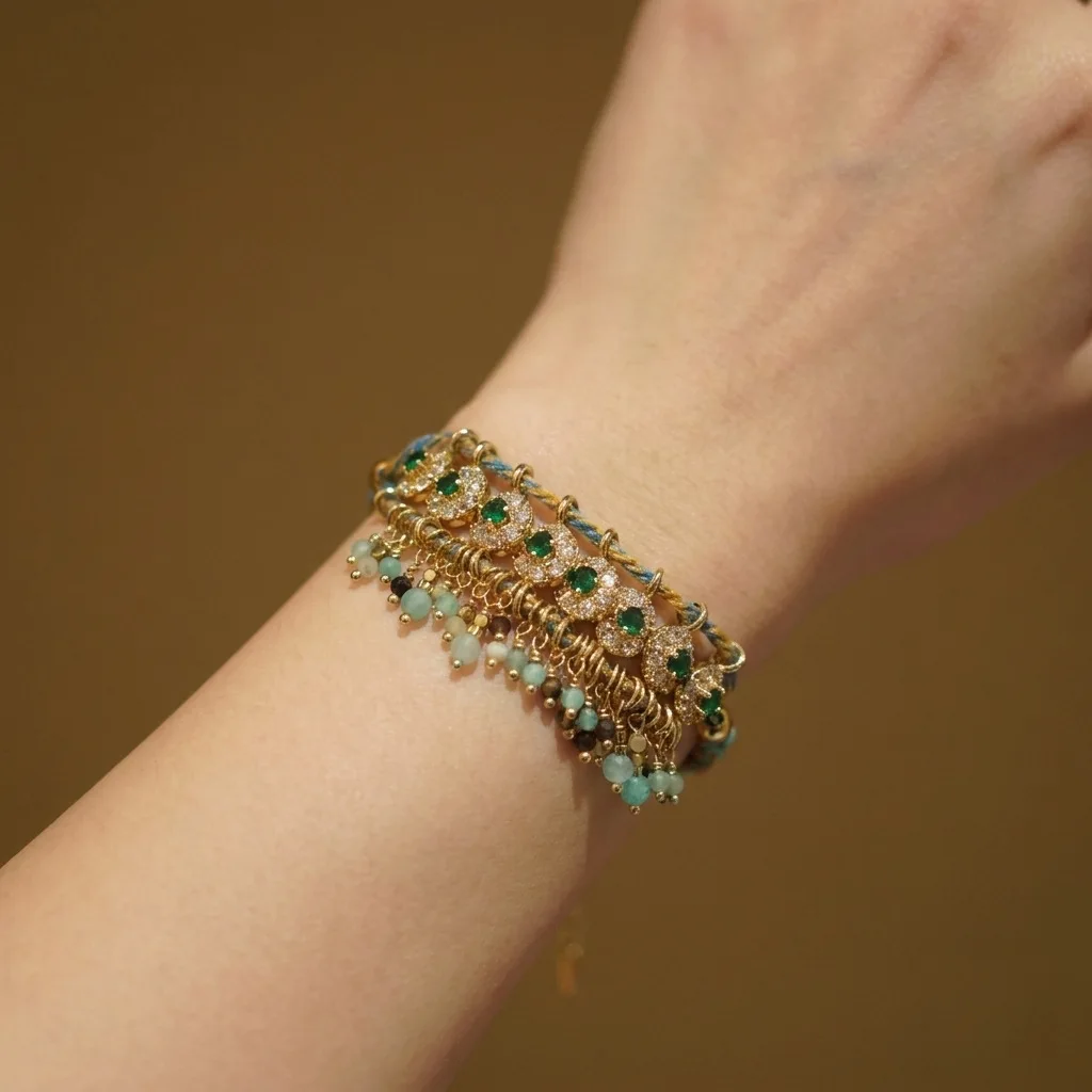 Vintage Chinese Style Blue Glaze Beaded Bracelet Women Heavy Craft Woven Hand Chain Fashion Aesthetic Jewelry Gift