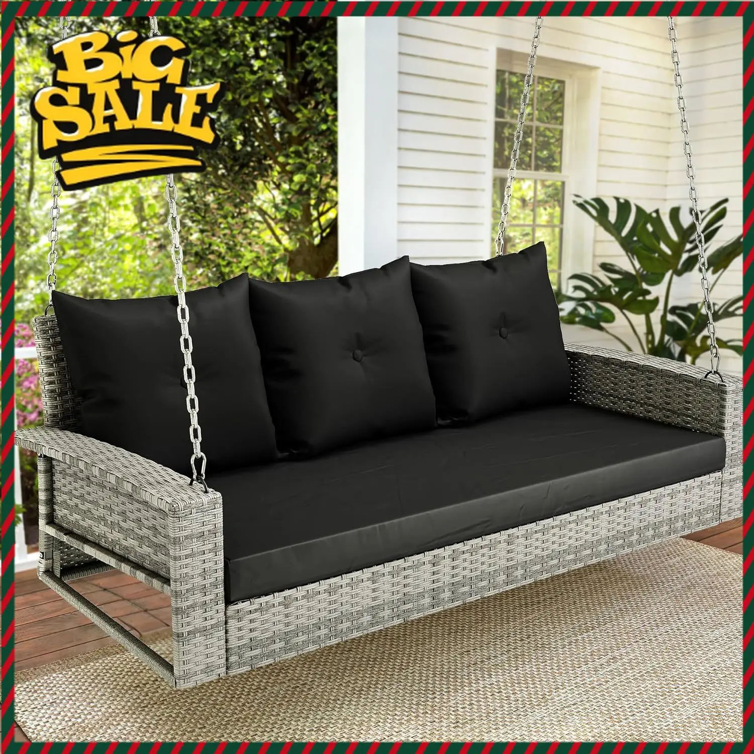 3-Seats Wicker Hanging Porch Swing Chair Outdoor Gray Ratta…