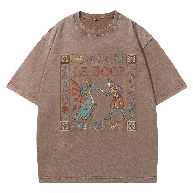 Le Boop Dragon T-Shirt Funny Knight and Dragon Tshirt Casaul Round Neck Printed Cotton Short Sleeve Tees Vintage Washed Clothing