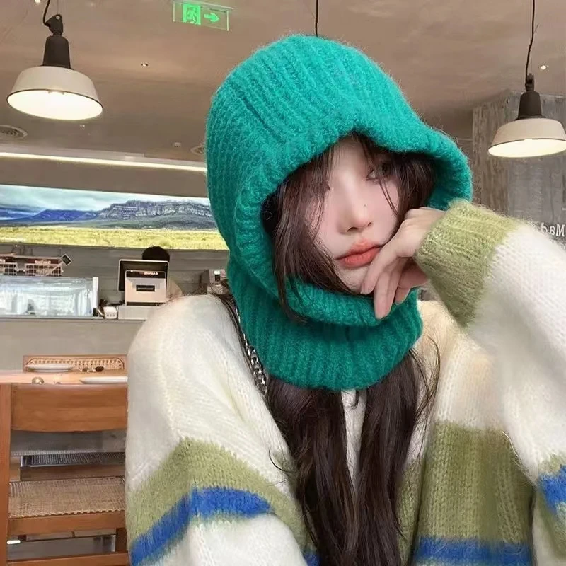 

Unisex Winter Balaclava Hat Women Knitted Beanie Hats Men Hooded Neck Collar Warm Cap Scarf Bib Drawstring Windproof Caps