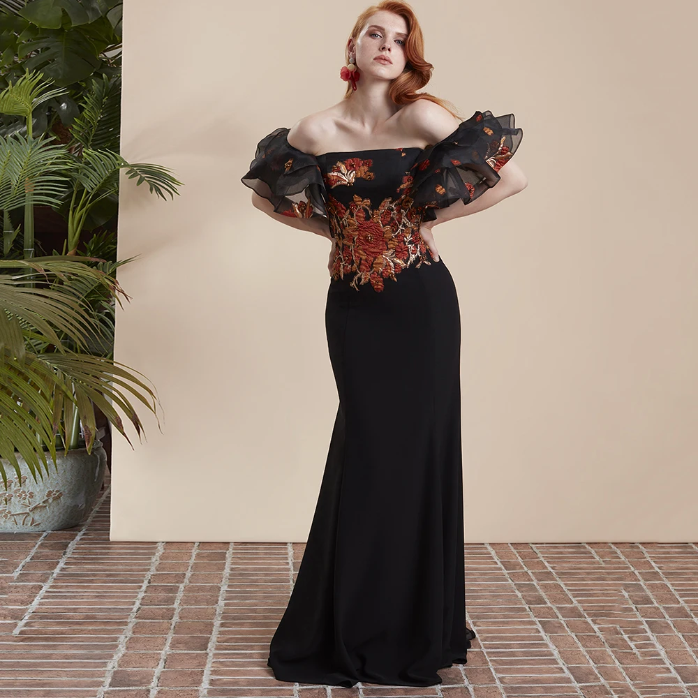 

Sexy Black Chiffon Evening Dresses Off Shoulder Appliques Floor Length Column Prom Party Gown Vestidos De Noche