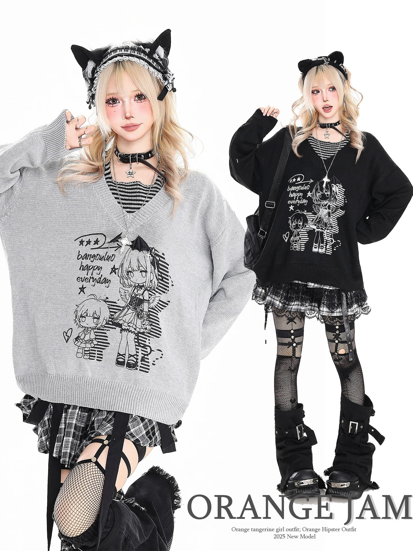 

Street Sle Orange Jelly Cartoon Girl Pattern Nelace Knitted Sweater Women's Autumn Winter Slimming Loose Knitted Top