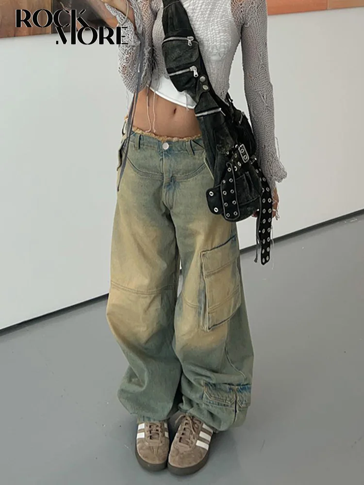 Rockmore Vintage Streetwear Jeans Baggy Low Waisted Y2K Aesthetic Washed Straight Cargo Pants Women Harajuku Loose Denim Trouser