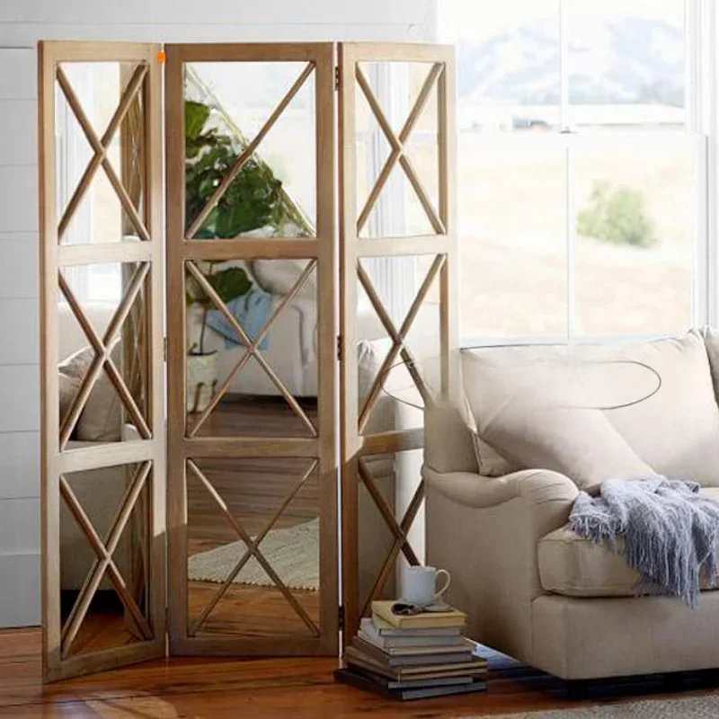 

Modern simple solid wood screen partition double mirror screen floor glass screen living room decorative