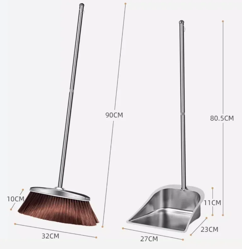 Two Piece Dustpan Garbage Shovel Combination Broom Stainless Steel Set with Angle for Cleaning Corners, Simple Metal Broom Set