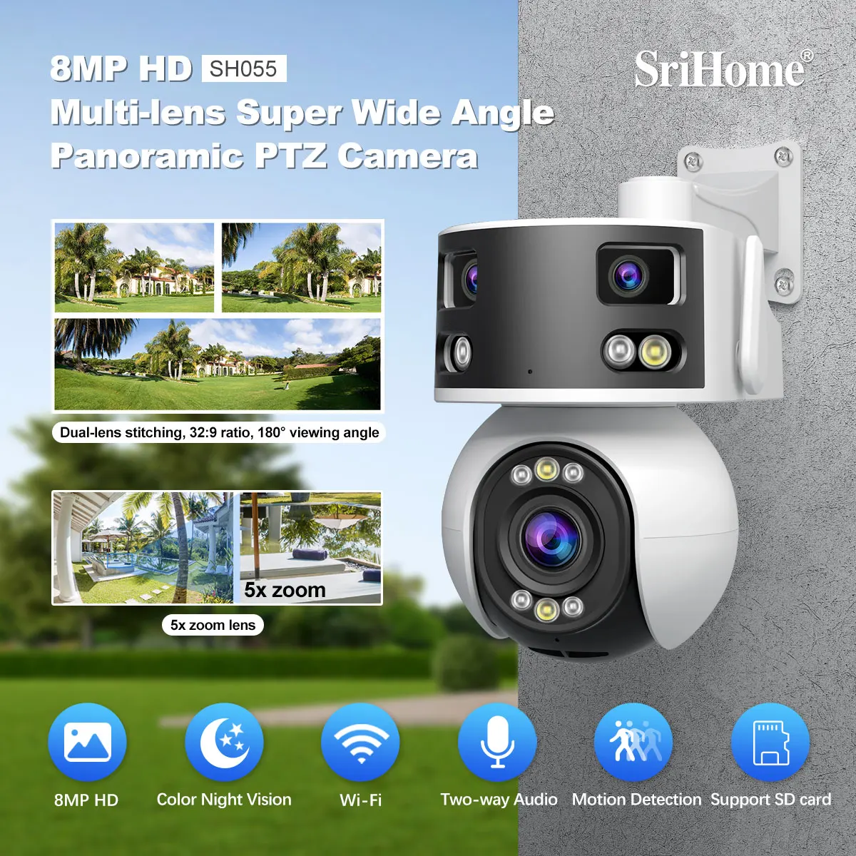 Srihome SH055 8MP 5X Zoom Triple Lens 160Degree WIFI IP Dome Camera Full Color AI Humanoid Detection CCTV Monitor