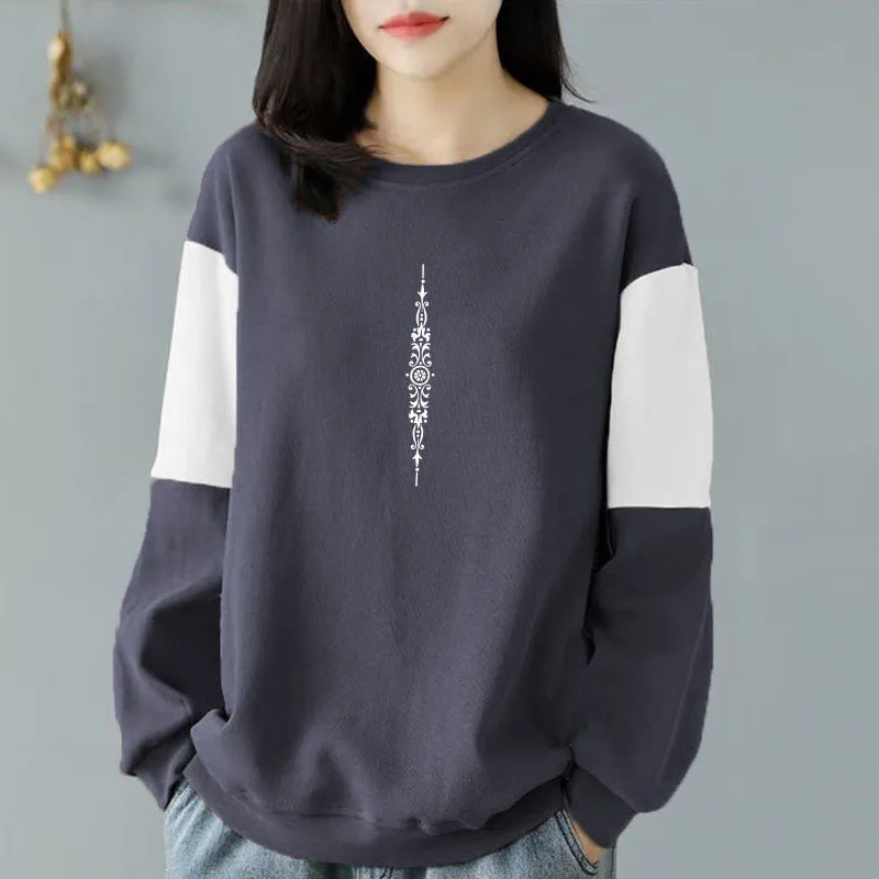 New Spring Autumn Fashion Loose Size All Cotton Panel Contrast Color Versatile Casual Slim Age Reducing Women\'s Sweater