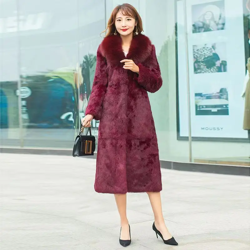 Qing Fox Fur Collar Rabbit Fur Long Coat Simple Commuting 2025 Fur One Body Slimming and Slimming Women's Large Size