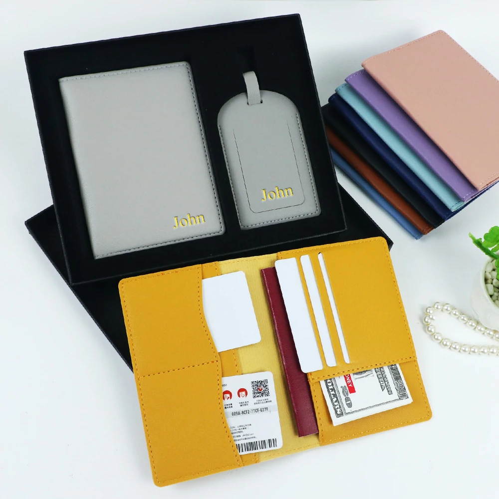 Customized Name PU Leather Passport Case Luggage Tag Gift Box Multi-Functional Multi-Slot Leather Passport Bag Gift