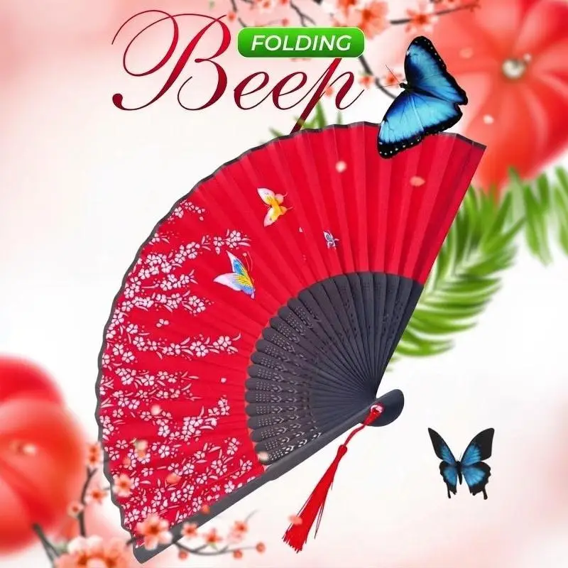 Summer Essential Chinese Folding Silk Fan Willow Pattern Bamboo Ribs Tassel for Cosplay Outdoor Patio Cooling Use