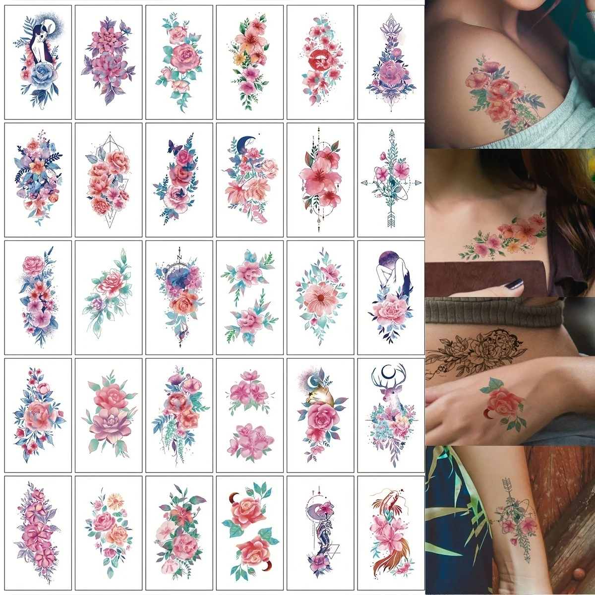 30pcs/set Flower Temporary Tattoos for Women Teens Girls Watercolor Blossoms Tiny Fake Tattoo Waterproof Hand Neck Wrist Ankle