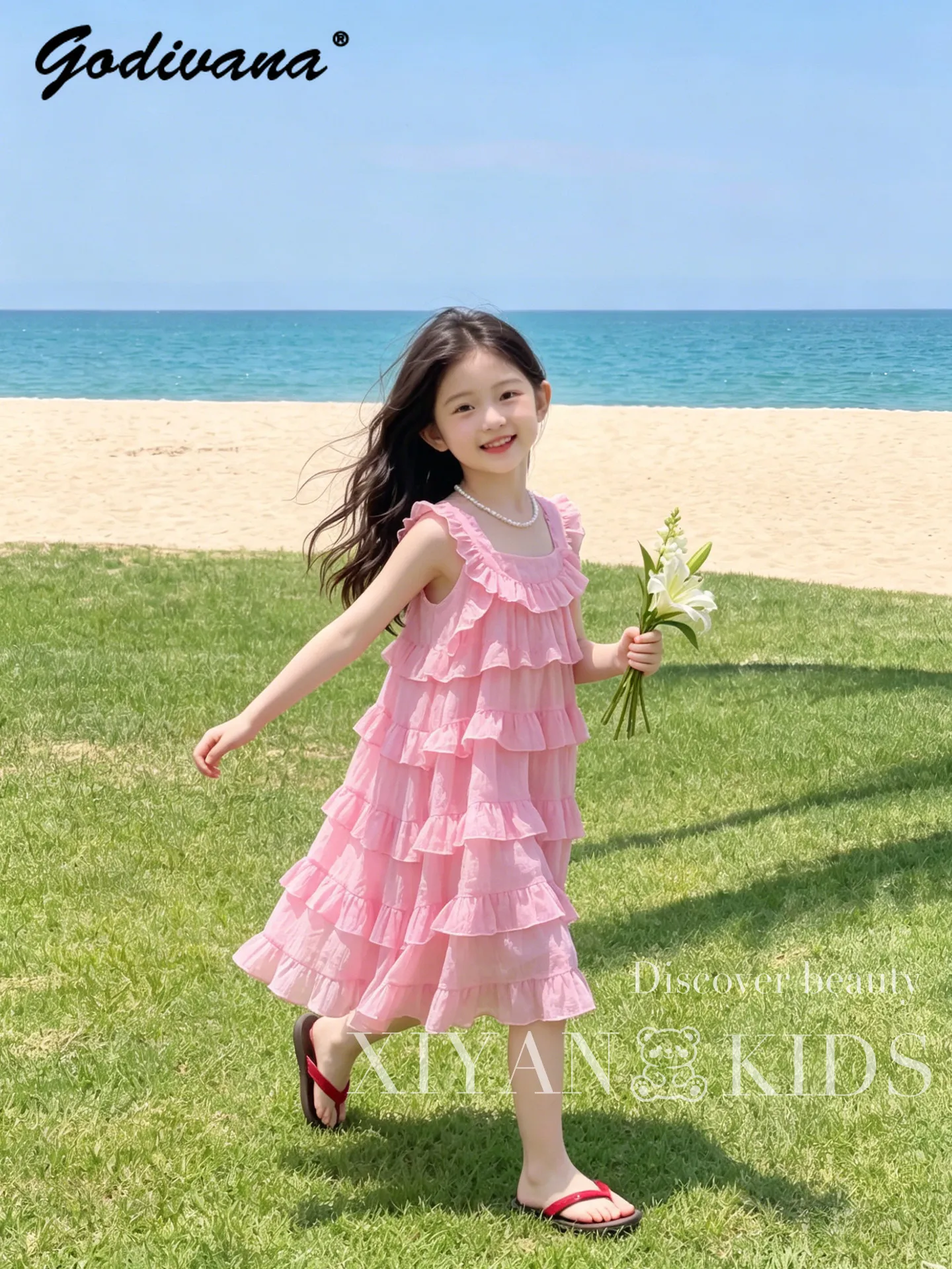 Sweet Girls Summer New 2026 Fashion Princess Cake Dress Kids High End Pink Square Collar Sleeveless Ruffle Trim Beach Dresses