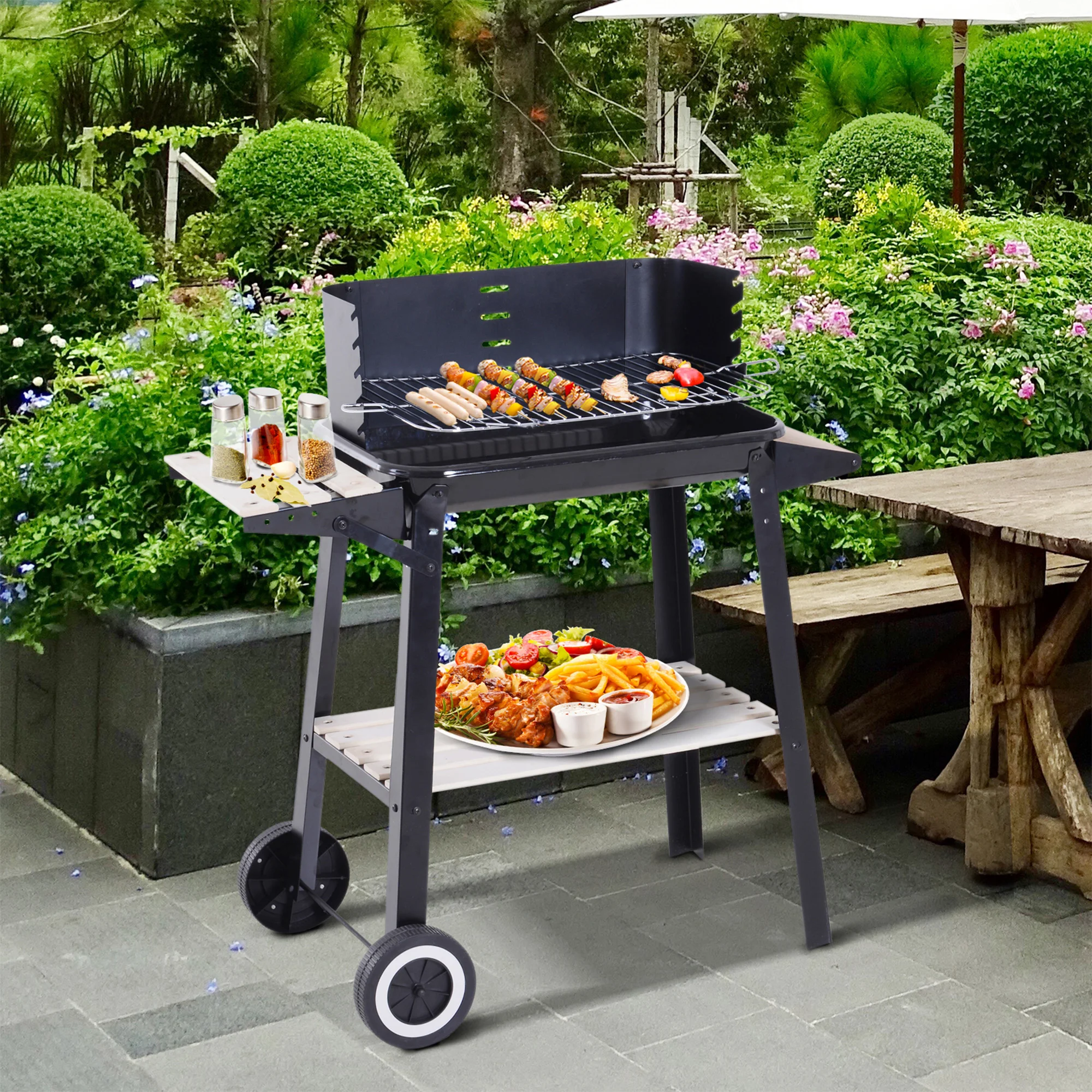 Barbacoa Outsunny de Carbón con Parrilla Ajustable y Ruedas 83x37x87cm 🔥