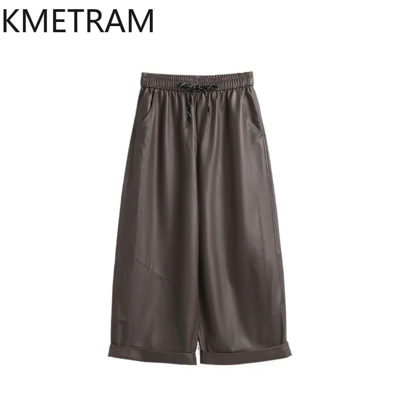 KMETRAM Uncoated Ultra Light &Thin Sheepskin Genuine Leather Pants Wide Leg Pants for Woman High Waist Trousers Slim Pantalon 바지