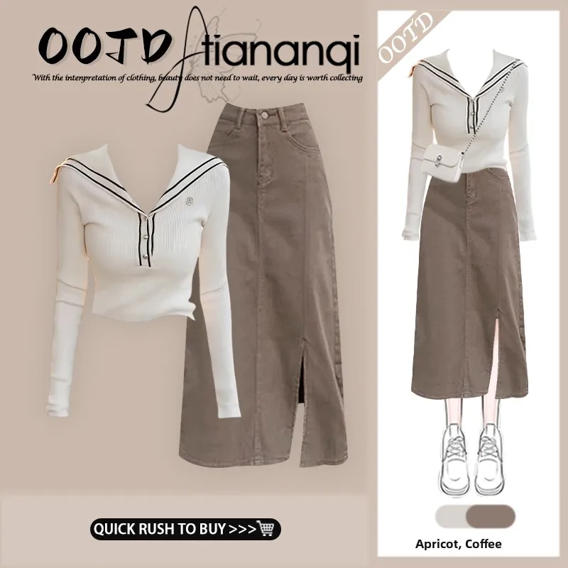 Conjunto de suéter cárdigan de punto con cuello marinero y falda vaquera abierta de mezclilla con abertura, adelgazante, para mujer, moda de talla grande, primavera 2026, ¡exclusivo online!