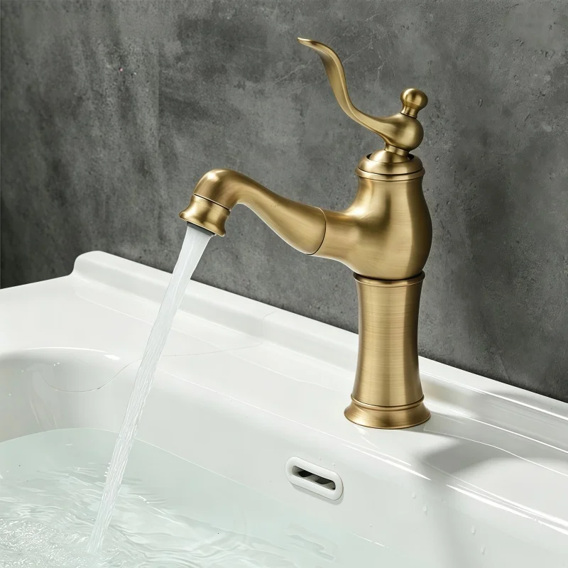French Retro Brass Pull-Out Faucet for Home Bathroom Under-Counter Basin Hot and Cold Water Faucet Anti-Splash