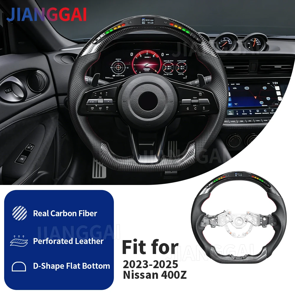 

Carbon Fiber LED Steering Wheel For Nissan 400Z RZ34 2023-2025 Perforated Leather Red Stitching Flat Bottom Car Accessories