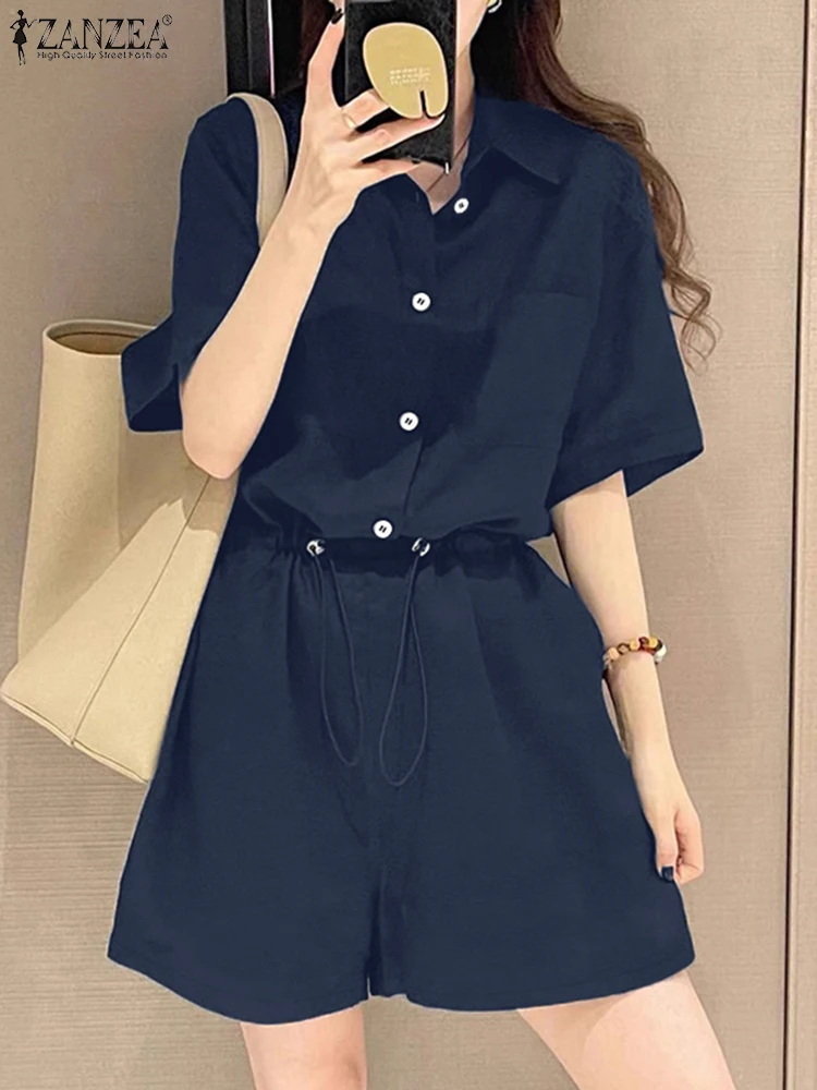 ZANZEA Women Fashion Work Wear Rompers Casual Turn-Down Collar Half Sleeve Drawstring Waisted Cargo Shorts Overalls Playsuits