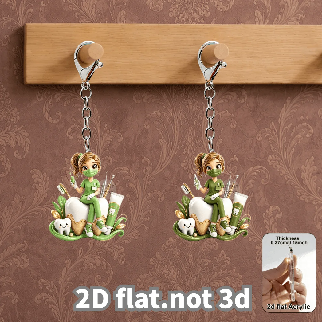 2D Dental Hygienist Keychain Dentist Pendant with Dental Tools Ornament Backpack Accessory Birthday Gift for Dental Workers