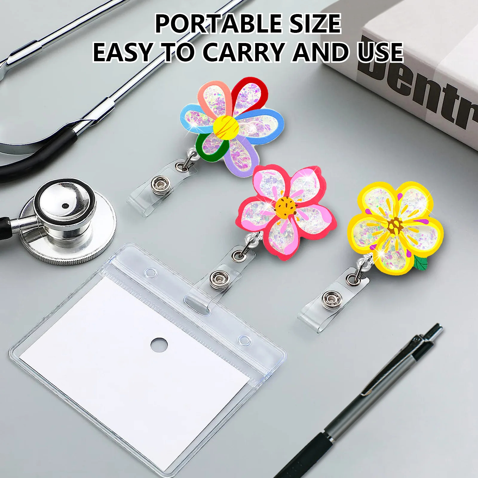 New Cute Acrylic Flowers Nurse Doctor Hospital Badge Reel Retractable ID Badge Holder W/ 360 Rotating Alligator Clip Name Holder