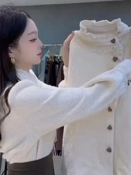 

Autumn Winter Thiened Floing Stand Collar Splice Lace Long Sve Women's irt French Sle Loose Fit Pure Color Button ...