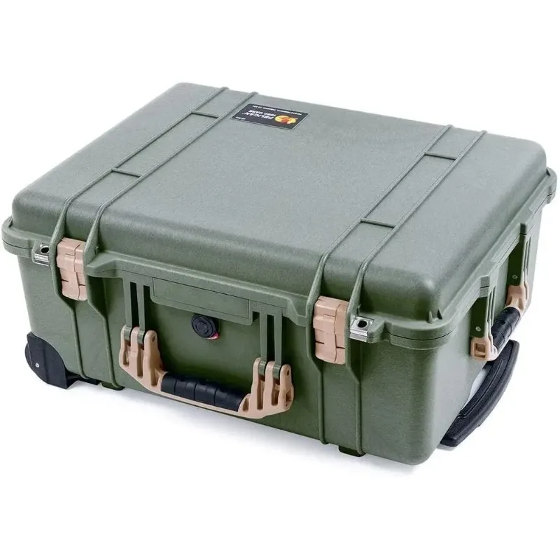 Green 1560 Pelican Case with Tan Handles, Empty, Wheels Included