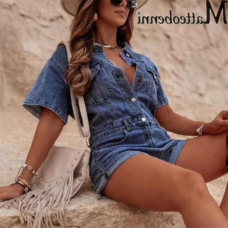 Mono de empalme de un solo pecho para mujer, pantalones cortos femeninos, solapa Vintage, mamelucos de mezclilla de Color sólido, decoración de doble bolsillo