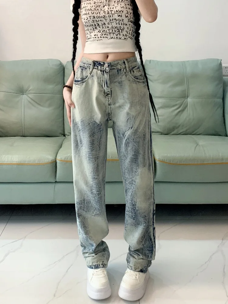 Jeans largos de cintura alta para mulheres, calças jeans casuais para meninas, calças largas para mulheres, roupas da moda para senhoras, B2112