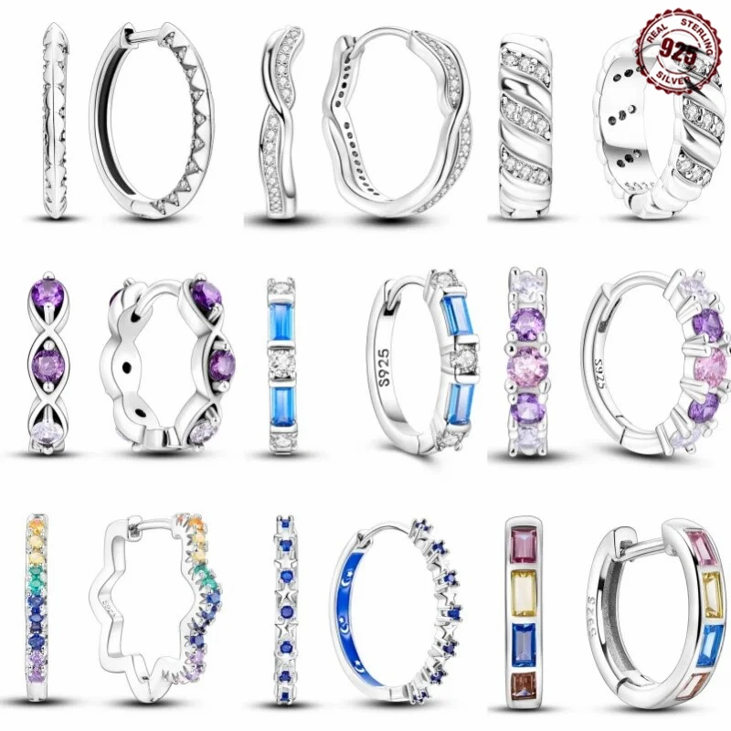 925 Sterling Silver Round Shaped Inlay Zircon Hoop Earrings Geometry Line Simple Women Girl Evening Party Brithday Gifts Jewelry