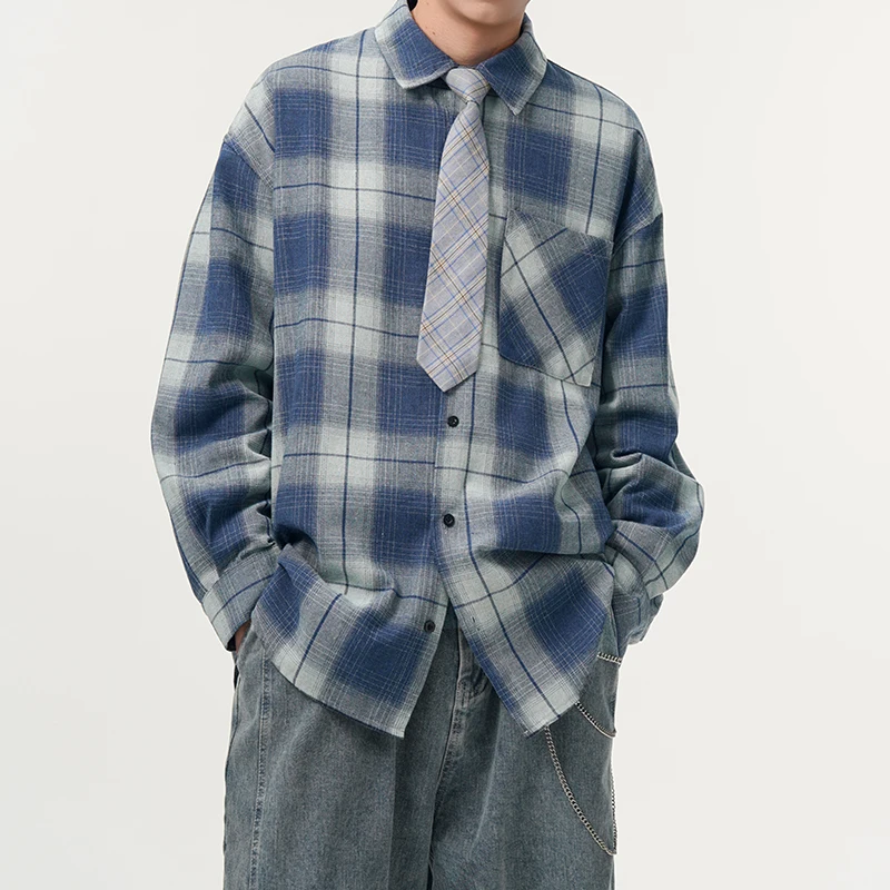 

Autumn & Spring New Fashion Trend American Retro Plaid Shirt Men's Casual Loose Sporty Breathable High-End Plus-Size Shirt