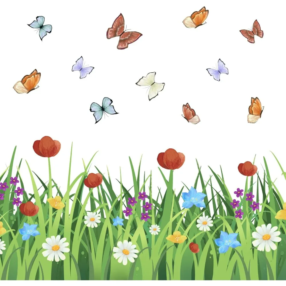 Colorful Butterfly Flowers Wall Decals Tulip Chrysanthemum Wildflower Stickers Grassland Decor Vinyl Decoration