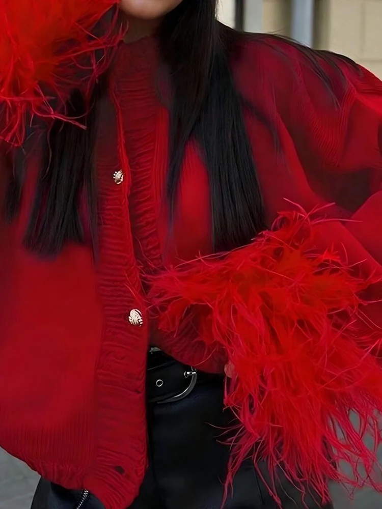 

Повседневный однобортный однотонный осенний свитер с перьями в стиле пэчворк, вязаный кардиган, модный женский свитер с круглым вырезом и длинными рукавами