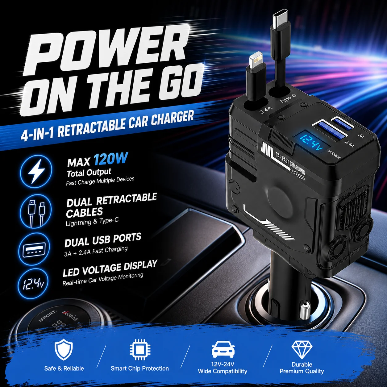 120W Total Output 4 in 1 Retractable Car Charger USB C Lightning Cables 66W Fast Charge USB A Type C Ports LED Display