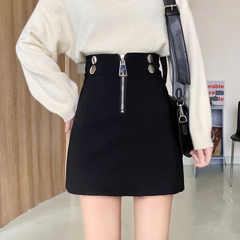 Frauen Kleidung Frühling Herbst Mode Koreanische Zipper Solide Farbe Hohe Taille A-linie Rock Weibliche Modische Erscheinen Dünne Dünne Rock